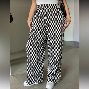 Petite Plus 2XL Checkered Ribbed Wide Leg Lounge Pants Stretch Waist NWOT